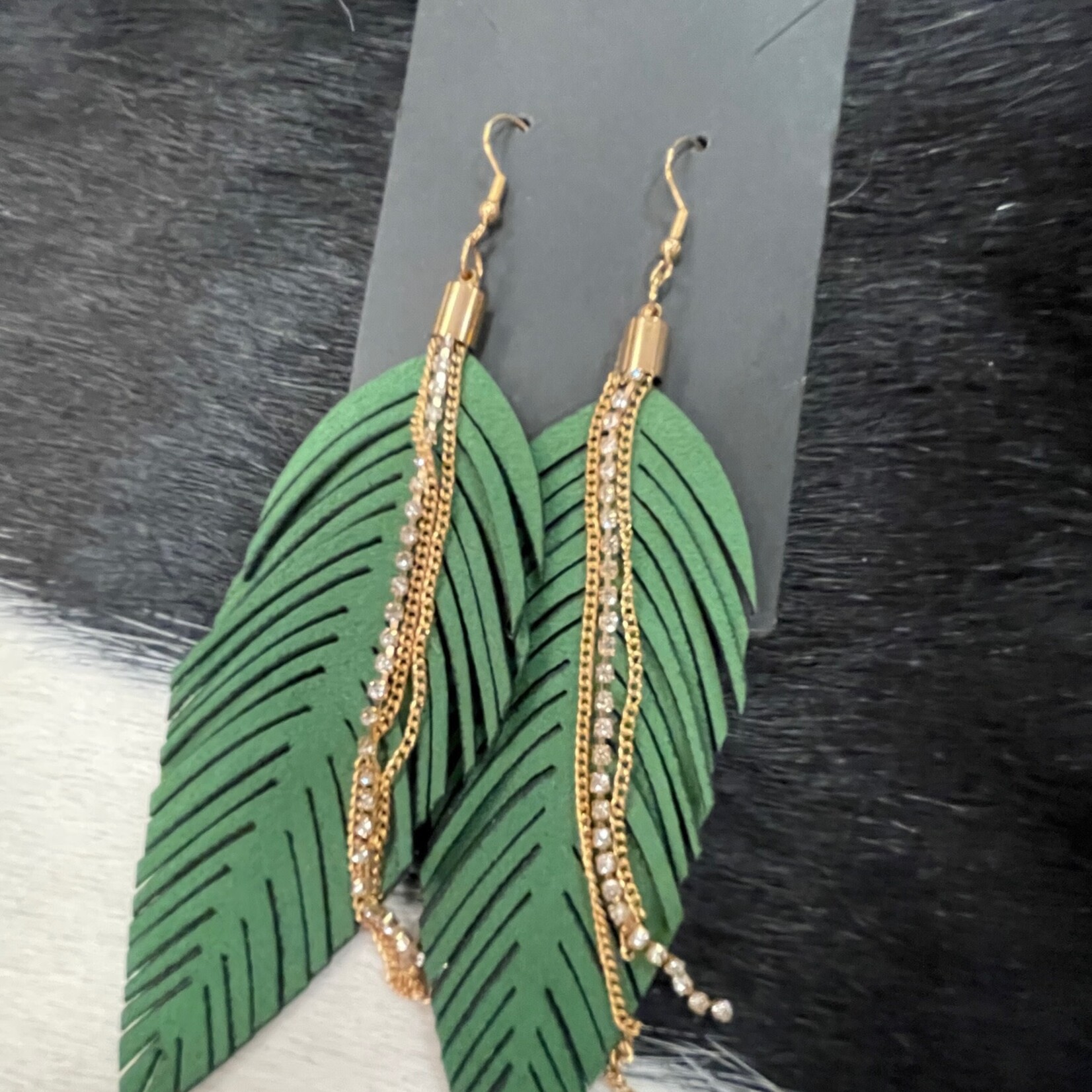 W GreenLeather/Gold Leaf Earrings