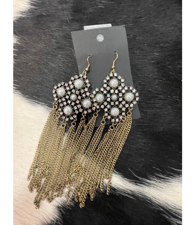 W Pearl/rhinestone chain tassel earrings