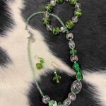 W Green, Pink and Clear Crystal Bead Necklace, Bracelet and Earrings Set