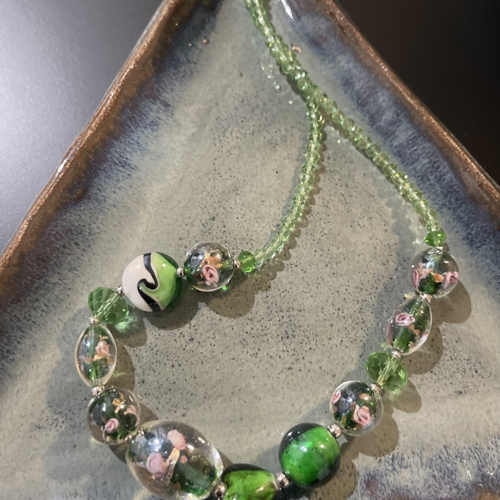 W Green, Pink and Clear Crystal Bead Necklace, Bracelet and Earrings Set