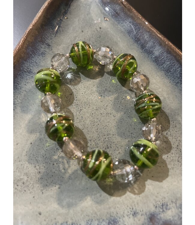 W Green, Pink and Clear Crystal Bead Necklace, Bracelet and Earrings Set