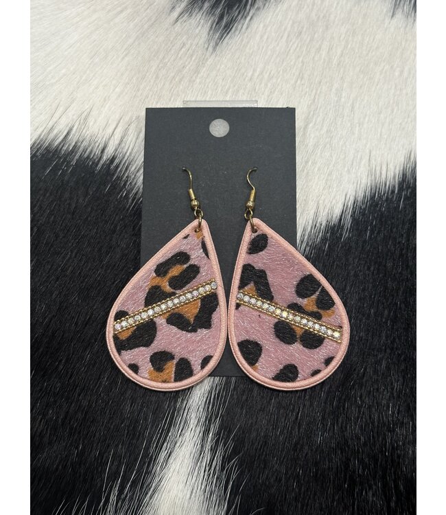 W Pink Cheetah Print With Crystal Design Earrings