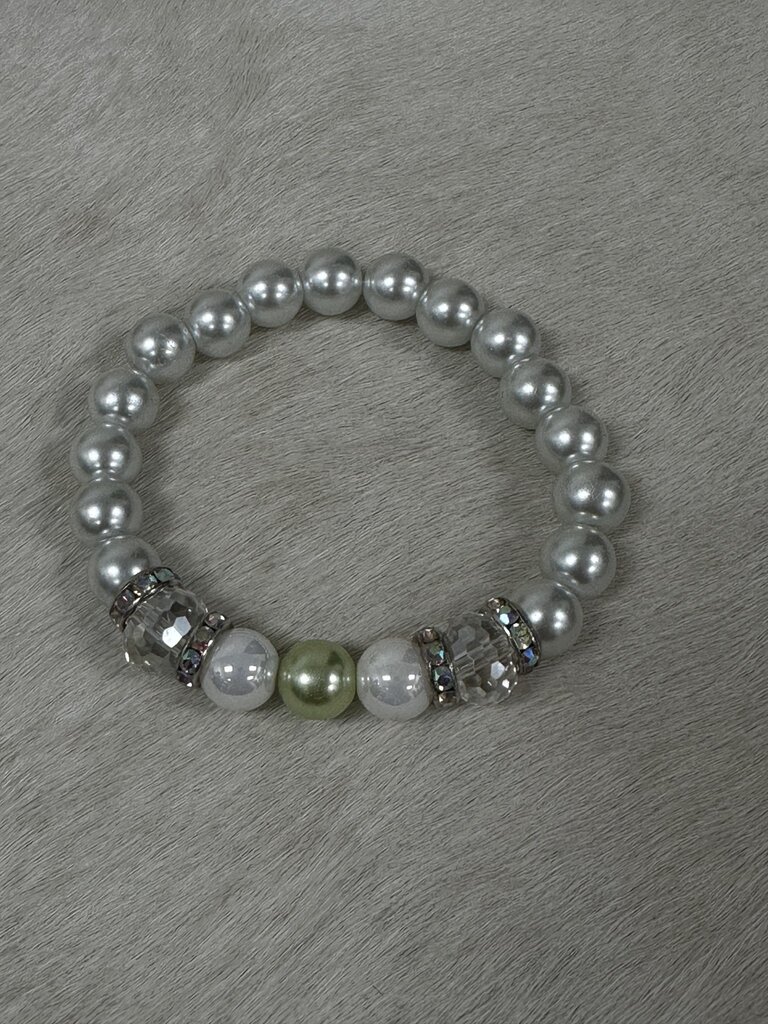 W White Beaded Crystal Bracelet With A Hint Of Green