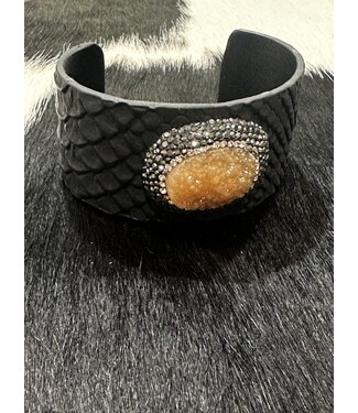 W Black Strap Bracelet With Orange Gem and Crystals