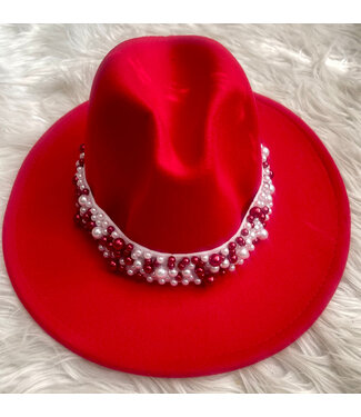 SALE W Red Fedora with Pearls - 2 styles (FA25Y)