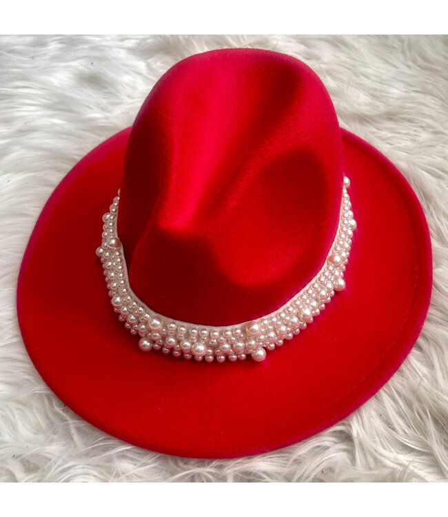 SALE W Red Fedora with Pearls - 2 styles (FA25Y)