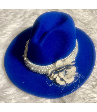 W Royal Blue Fedora with Pearl Band & Vintage Flower (FA25Y)