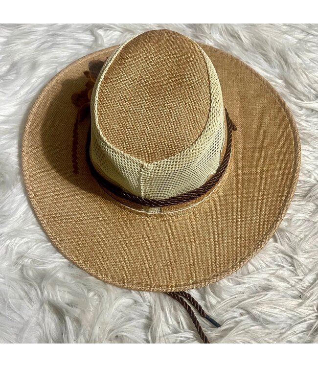 SALE - W Tan Woven Cowboy Hat with Brooche (FA25Y)