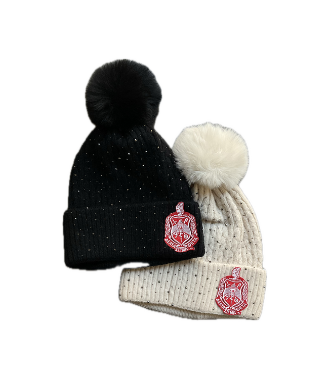 ΔΣΘ DST Knit Rhinestone Pom Pom Beanie - Black & Cream (FA25)
