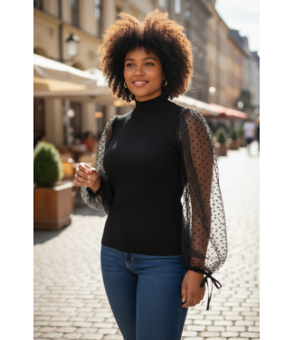 SALE W Black Polka Dots with Sheer Sleeves Top LG (FA25) 50% off