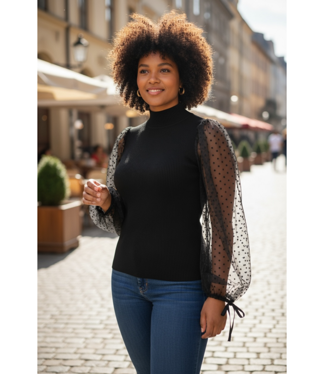 SALE W Black Polka Dots with Sheer Sleeves Top (FA25)