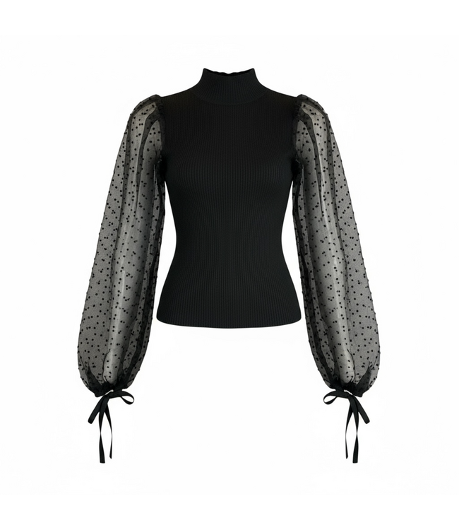SALE W Black Polka Dots with Sheer Sleeves Top (FA25)
