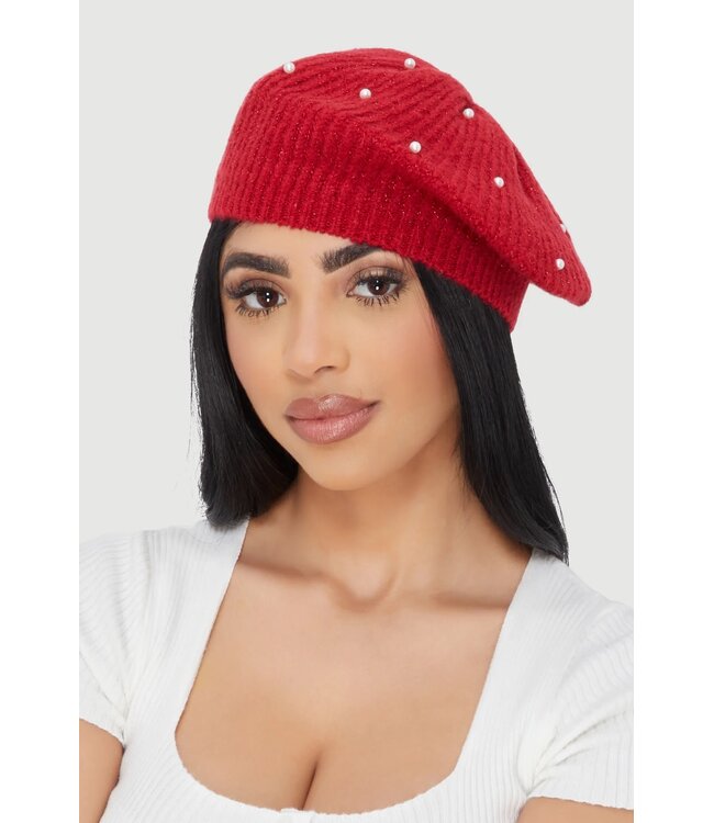 ΔΣΘ NEW! DST/W Lurex Rib Knit Pearl Beret - Red & Black (SP26)