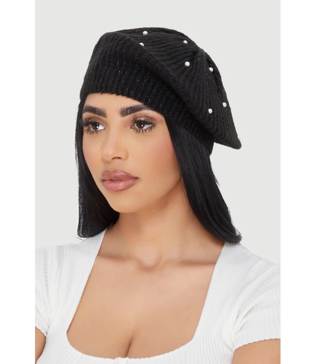 ΔΣΘ DST/W Lurex Rib Knit Pearl Beret - Red & Black (FA25)