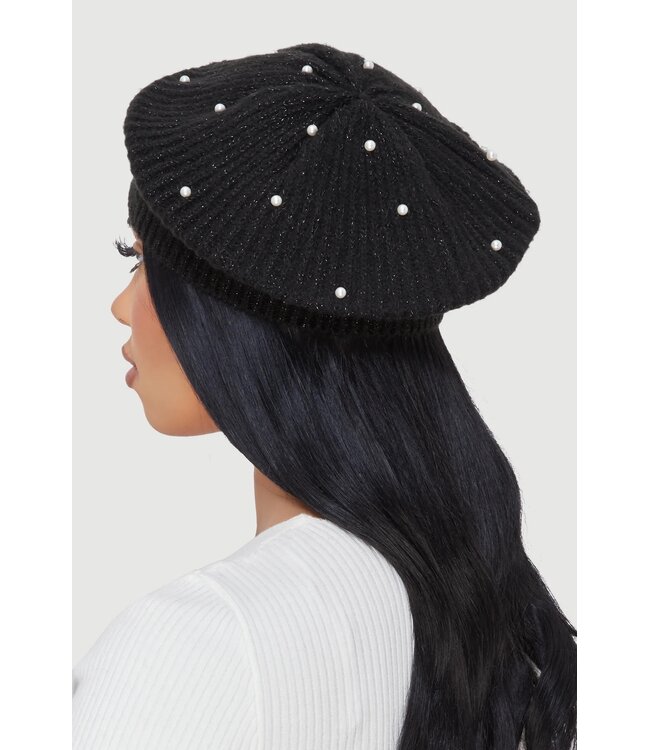 ΔΣΘ DST/W Lurex Rib Knit Pearl Beret - Red & Black (FA25)