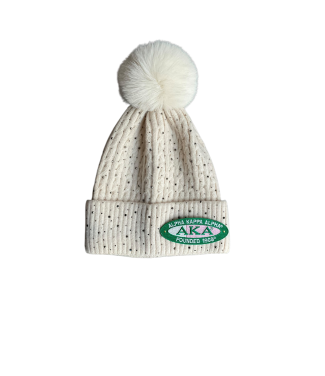 ΑΚΑ NEW! AKA Cream  Pom Pom Rhinestoned  Beanie(FA25)