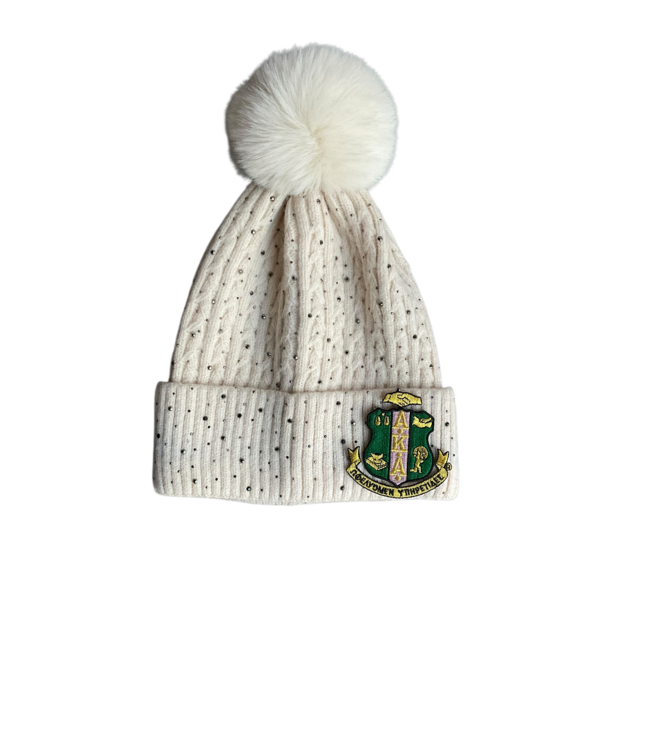 ΑΚΑ NEW! AKA Cream  Pom Pom Rhinestoned  Beanie (SP26)