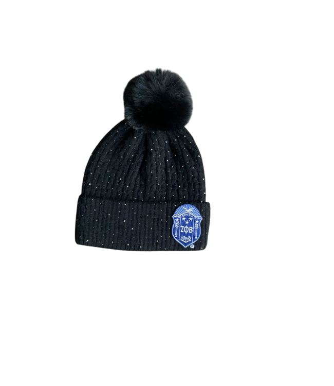 ΖΦΒ NEW! ZPB Zeta Phi Beta Black Pom Pom Rhinestoned  Beanie (SP26)
