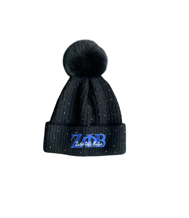 ΖΦΒ NEW! ZPB Zeta Phi Beta Black Pom Pom Rhinestoned  Beanie (SP26)