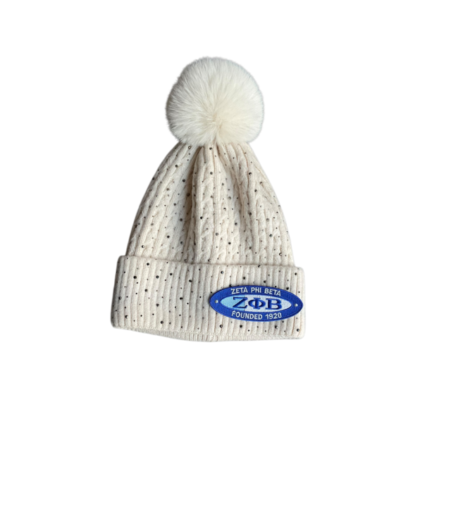 ΖΦΒ NEW! ZPB Zeta Phi Beta Cream Pom Pom Rhinestoned  Beanie (SP26)