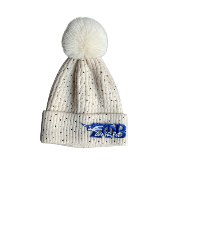 ΖΦΒ NEW! ZPB Zeta Phi Beta Cream Pom Pom Rhinestoned  Beanie (SP26)