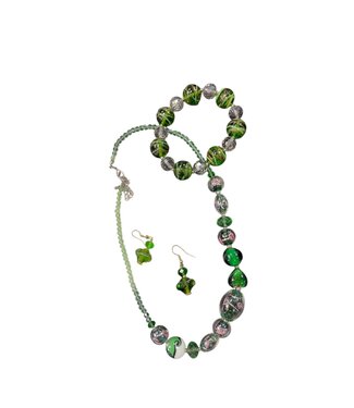 W Green, Pink and Clear Crystal Bead Necklace, Bracelet and Earrings Set