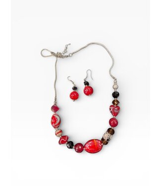 W Crimson, Cream and Black Necklace and Earring Set