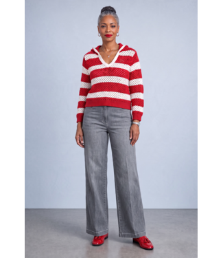 NEW! W Red & White Long Sleeve Crochet Hoodie (FA26)