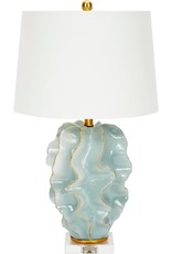 Hannah Hannah Blue Ceramic Wave Lamp with Gold Accents & White Linen Shade