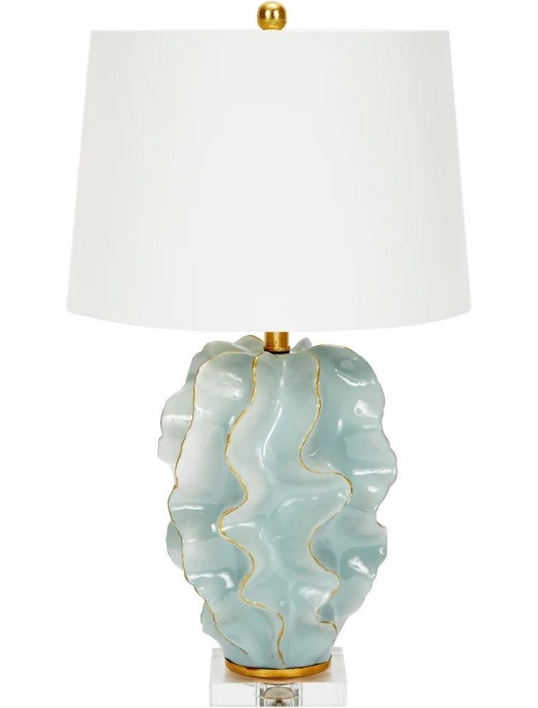 Hannah Hannah Blue Ceramic Wave Lamp with Gold Accents & White Linen Shade