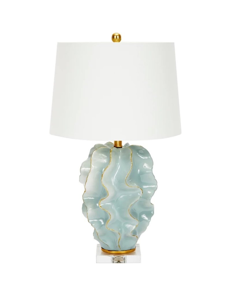 Hannah Hannah Blue Ceramic Wave Lamp with Gold Accents & White Linen Shade