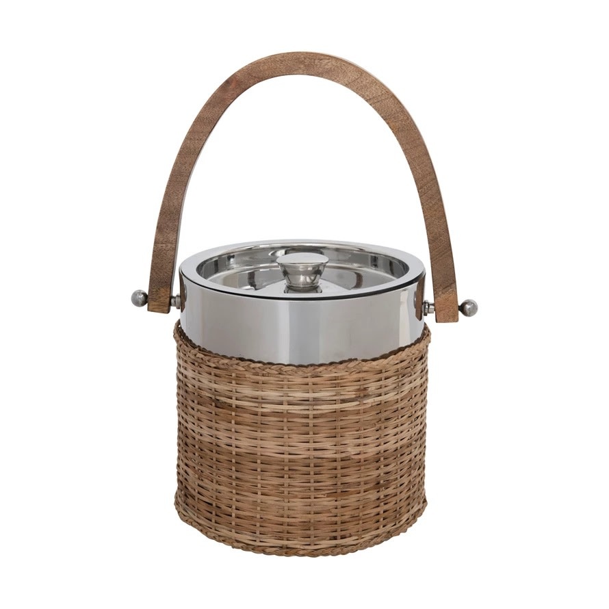 Stainless Steel & Woven Rattan Ice Bucket Styron & Hughes Interiors