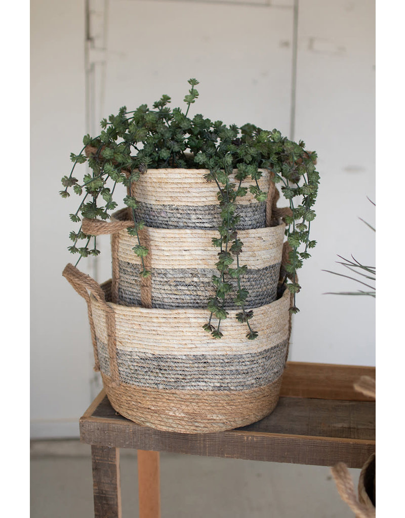 Small Grey Stripe Round Rush Basket (EACH)