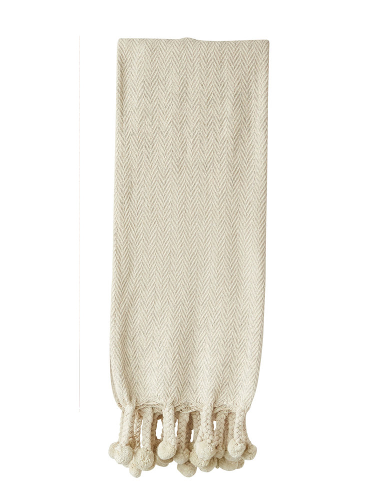 Sanctuary Throw with Braided Pom Pom Tassels, Cream