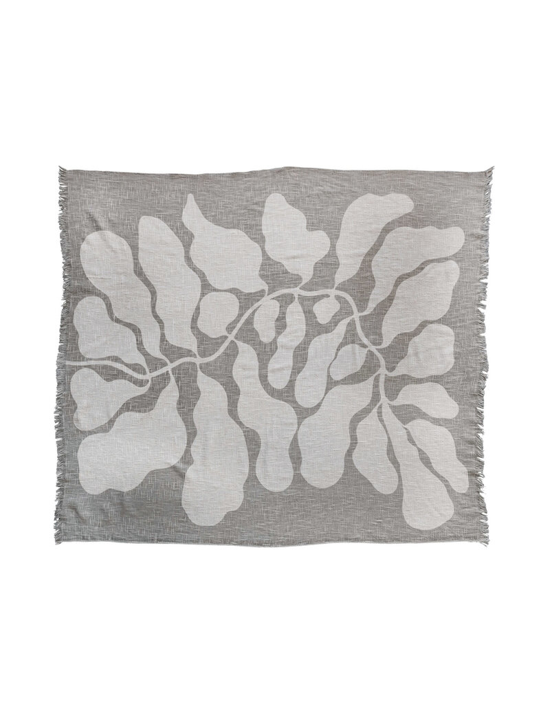 Sage Cotton Throw w/Botanical Print & Fringe