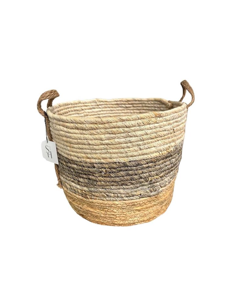 Large Grey Stripe Round Rush Basket