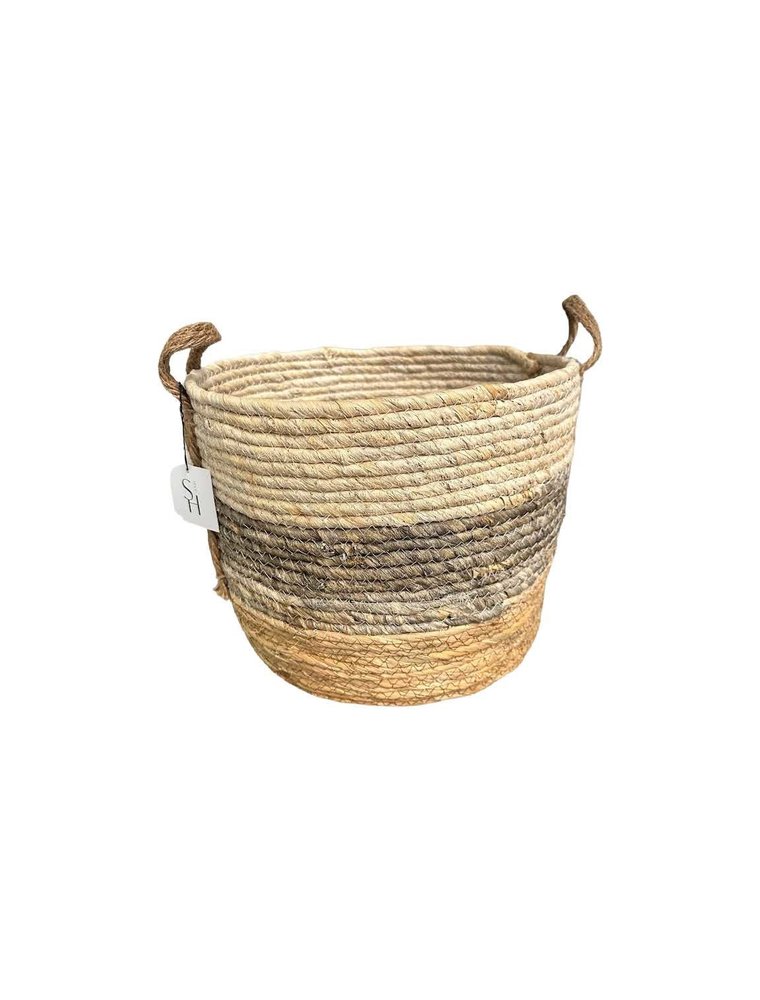 Medium Grey Stripe Round Rush Basket