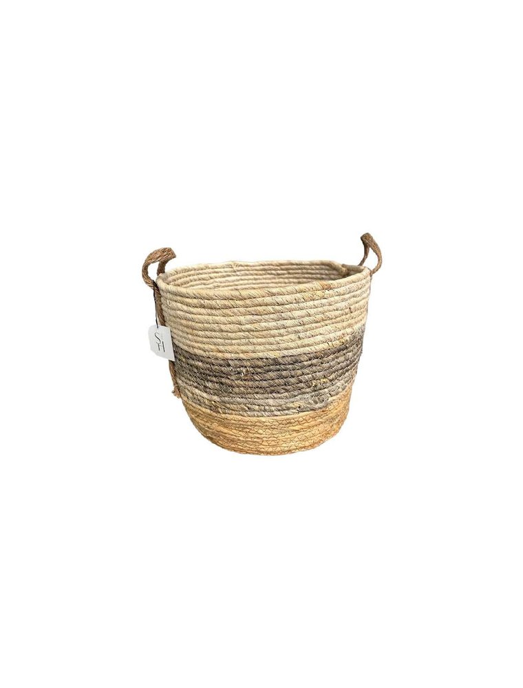 Small Grey Stripe Round Rush Basket