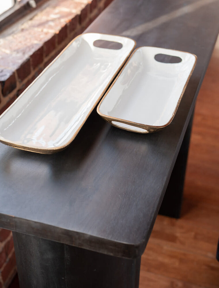 Large Rectangular Brass & Enamel Tray - White