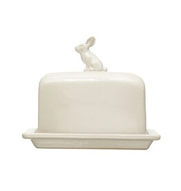 At The Table Stoneware Butter Dish w/ Rabbit, White.