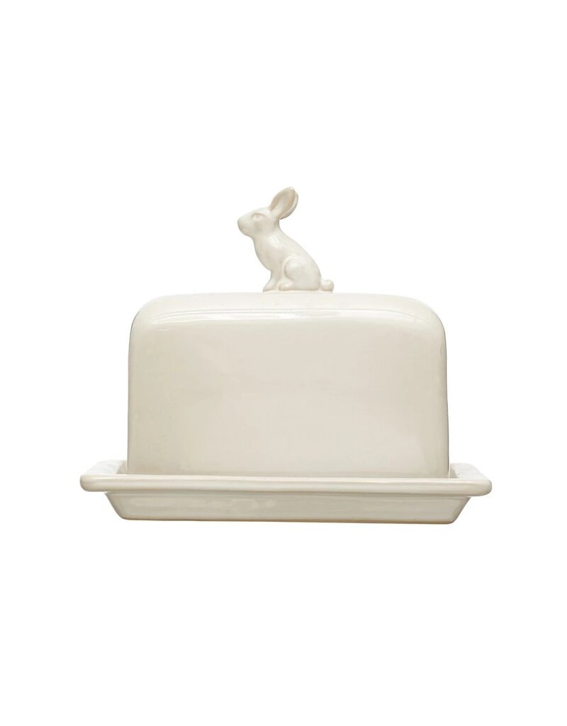 At The Table Stoneware Butter Dish w/ Rabbit, White.