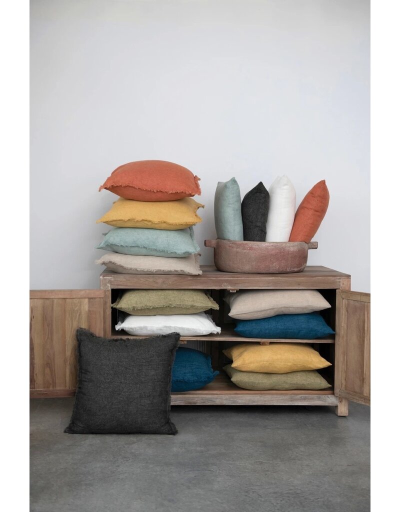 Daily Routines 20" Square Stonewashed Linen Pillow w/ Fringe, Grey