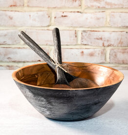 11" Black Wood Bowl & Utensils