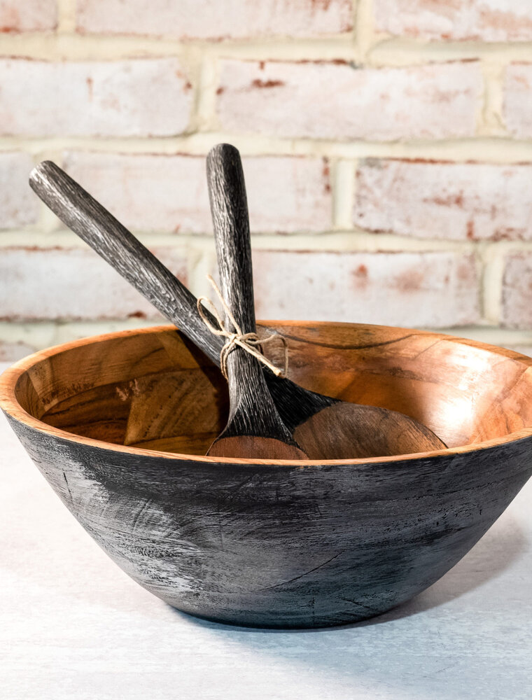 11" Black Wood Bowl & Utensils