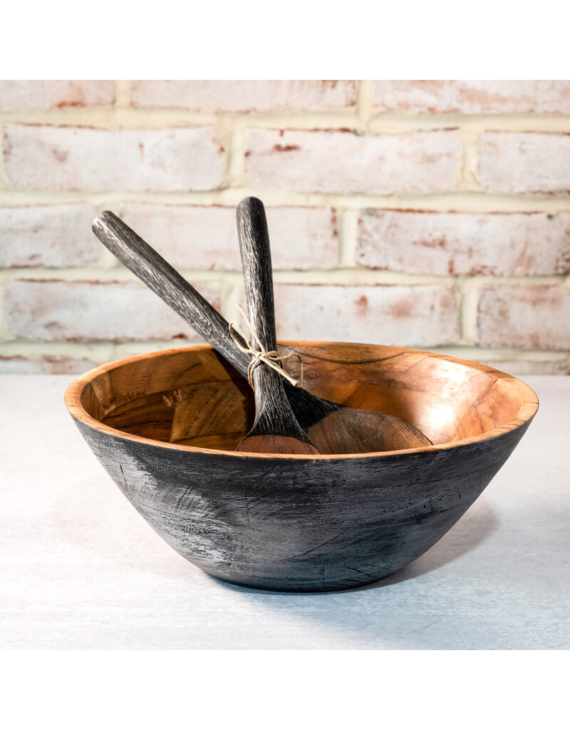 11" Black Wood Bowl & Utensils