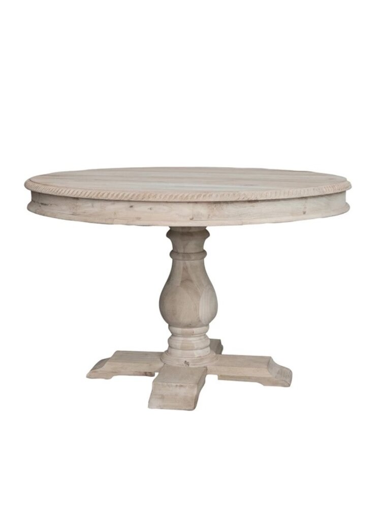 Sunset Villa Round Carved Mango Wood Table, Bleached