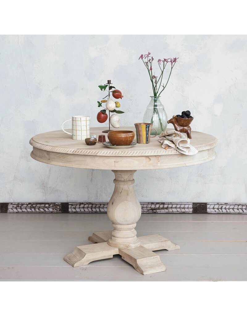 Sunset Villa Round Carved Mango Wood Table, Bleached