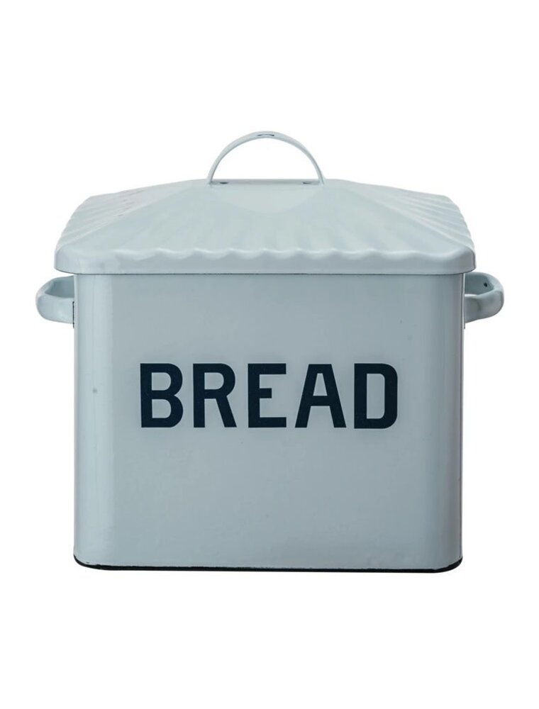 Meadow Enameled Metal Box w/ Lid & Handles "Bread", White & Blue