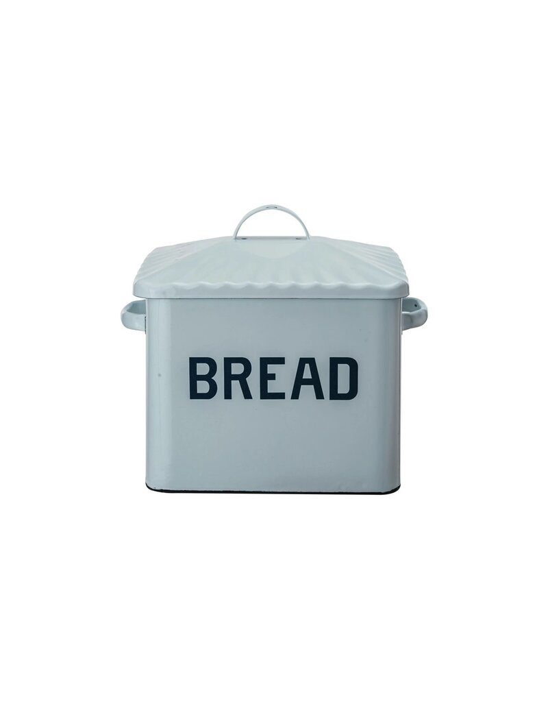Meadow Enameled Metal Box w/ Lid & Handles "Bread", White & Blue