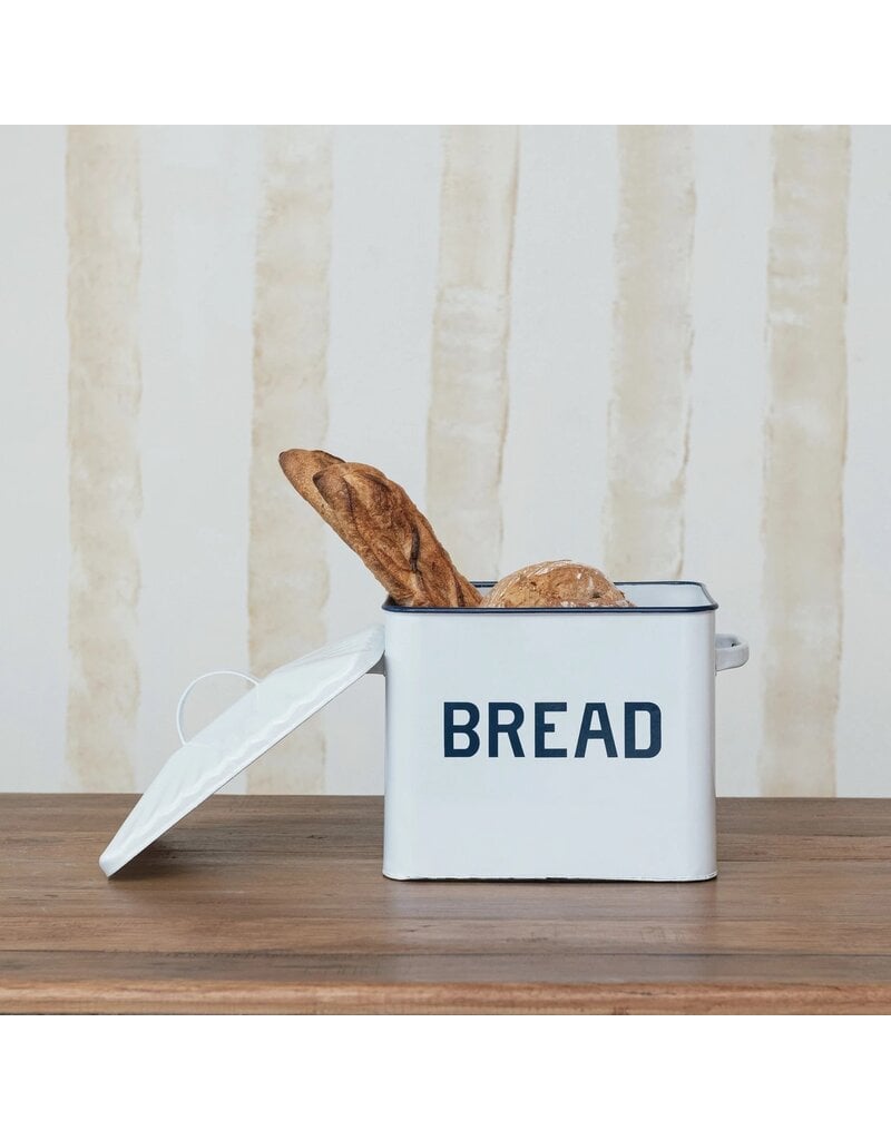 Meadow Enameled Metal Box w/ Lid & Handles "Bread", White & Blue